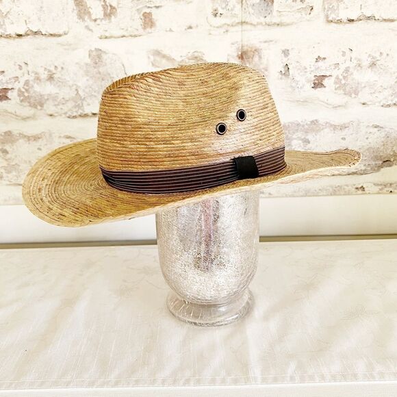 Palm Leaf Straw Bolero Cowboy Hat with Brown Ribbon Coastal Cowgirl Straw Hat - Picture 1 of 6